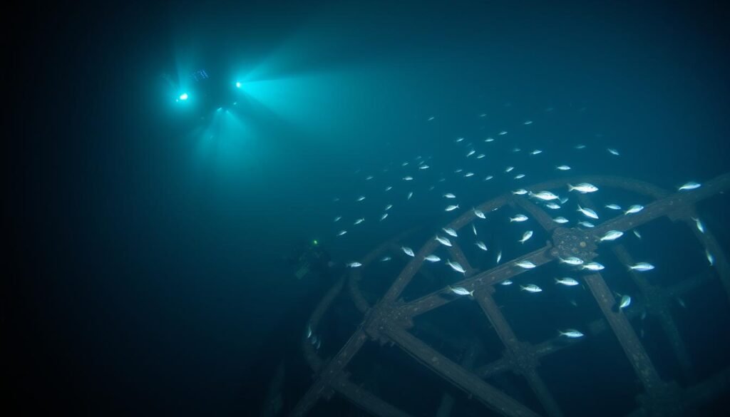 Underwater investigation: A deep-sea exploration into the unknown. Illuminating the murky depths, a research submersible delves beneath the waves, its powerful lights revealing a sunken vessel lost to time. Divers, clad in specialized gear, meticulously survey the wreckage, searching for clues that may unravel the mystery of its disappearance. In the eerie stillness, schools of curious fish dart between the twisted metal, their movements casting mesmerizing shadows. The scene is shrouded in an ethereal, blue-green hue, capturing the somber yet captivating atmosphere of this underwater investigation. Exploração subaquática com submersível iluminando os destroços de um navio perdido, cercado por peixes e sombras misteriosas.