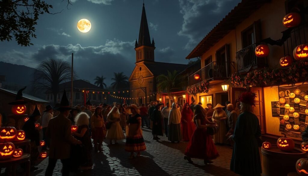 Vibrant Halloween traditions in Brazil: A dimly lit village square, cobblestone streets lined with carved pumpkins and glowing jack-o'-lanterns. In the center, a throng of costumed revelers dancing to the beat of traditional drums, their colorful outfits and masks a mesmerizing sight. In the background, an old church steeple casts long shadows as a harvest moon rises, casting an eerie glow over the festivities. The air is crisp with the scent of spiced cider and roasted chestnuts, creating a cozy, celebratory atmosphere. Intricate decorations of witches, bats, and other supernatural motifs adorn the storefronts, reflecting the rich cultural heritage of this unique Halloween celebration.