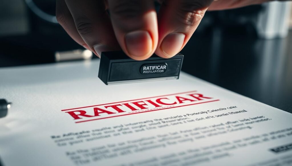 a detailed close-up shot of a hand rubber-stamping the word "RATIFICAR" in bold red ink on an official-looking document, with a professional and authoritative atmosphere, lit from the side to create dramatic shadows, using a shallow depth of field to focus attention on the stamping action, set against a blurred background suggesting a professional office or government setting