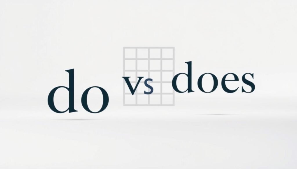 a detailed side-by-side comparison of the words "do" and "does" in an elegant, minimalist illustration. The foreground shows the two words in a crisp, high-contrast font, with a clear visual distinction between them. The middle ground features a subtle grid or matrix, symbolizing the grammatical structure and usage patterns. The background has a soft, pastel gradient, creating a calm, educational atmosphere. Balanced lighting and a shallow depth of field focus the viewer's attention on the key elements. The overall composition is clean, modern, and designed to effectively convey the nuanced differences between these common English verbs.