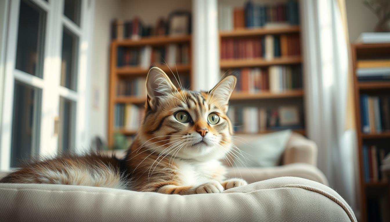 Gato doméstico deitado em uma superfície macia, olhando atentamente para a câmera.