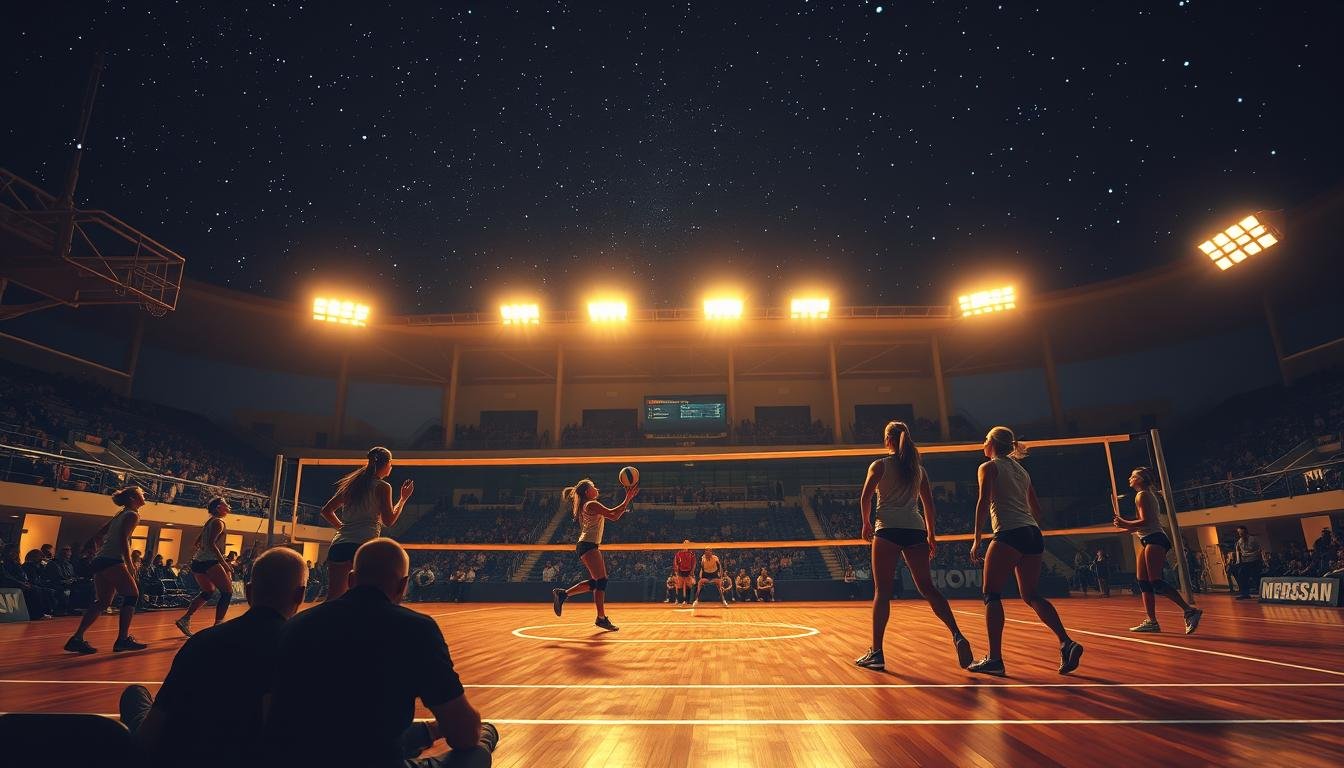 Jogador de vôlei sacando em uma quadra iluminada