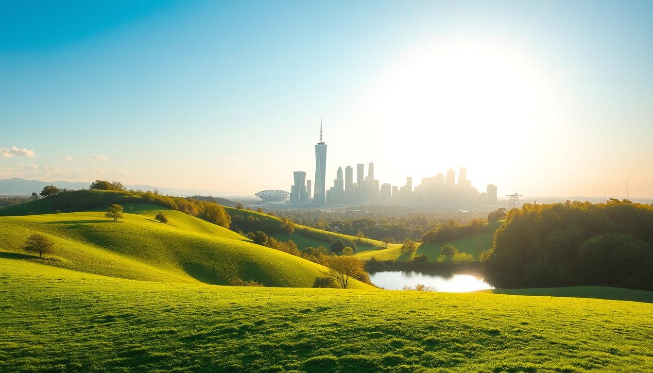 Ilustração de finanças verdes com plantas, gráficos e energia limpa representando investimentos sustentáveis globais.