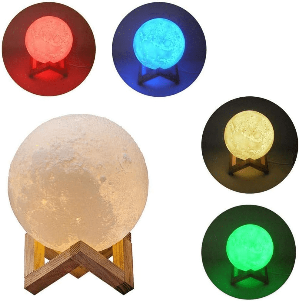 Luminária lua 3D com iluminação em cinco cores diferentes: vermelho, azul, amarelo, verde e branco
