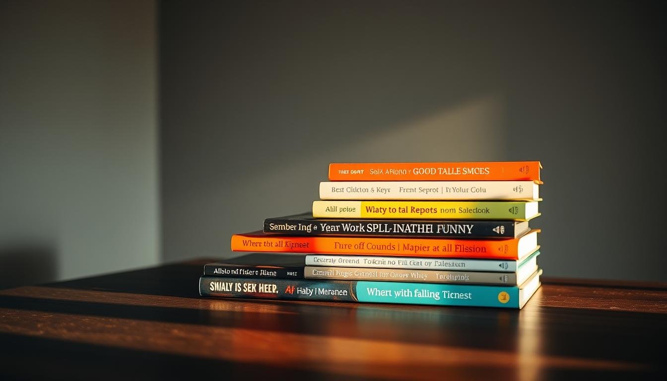 Livros inspiradores empilhados em mesa de leitura
