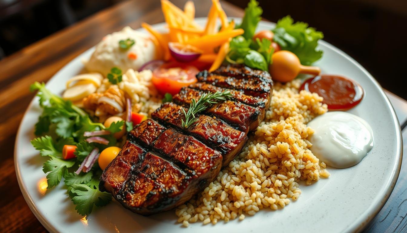 Prato típico brasileiro com arroz, feijão e carne (mistura)