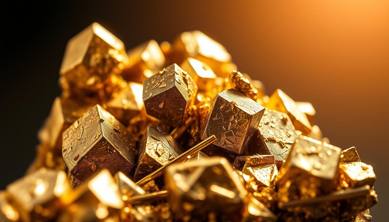 Cristais de pirita, conhecidos como “ouro de tolo”, com brilho metálico dourado