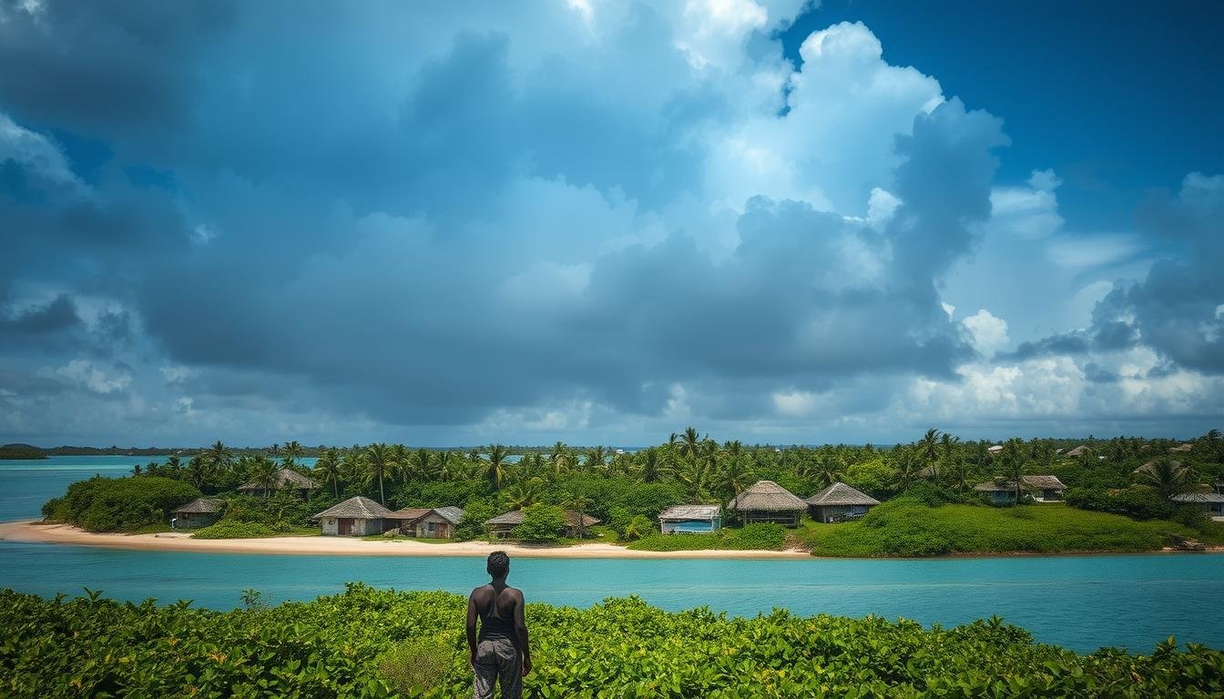 paisagem de Tuvalu com mar ao fundo prestes a engolir o território