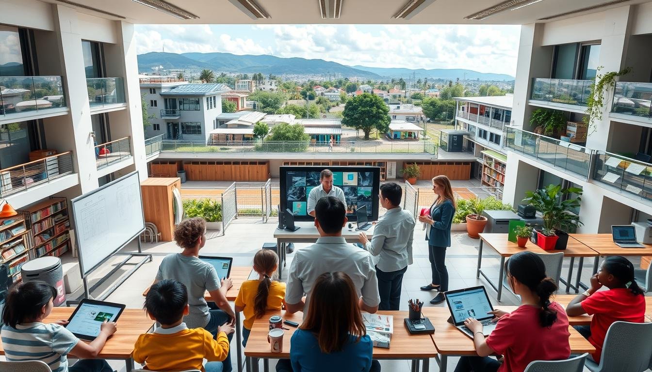 Alunos e professores usando tecnologias educacionais em sala de aula