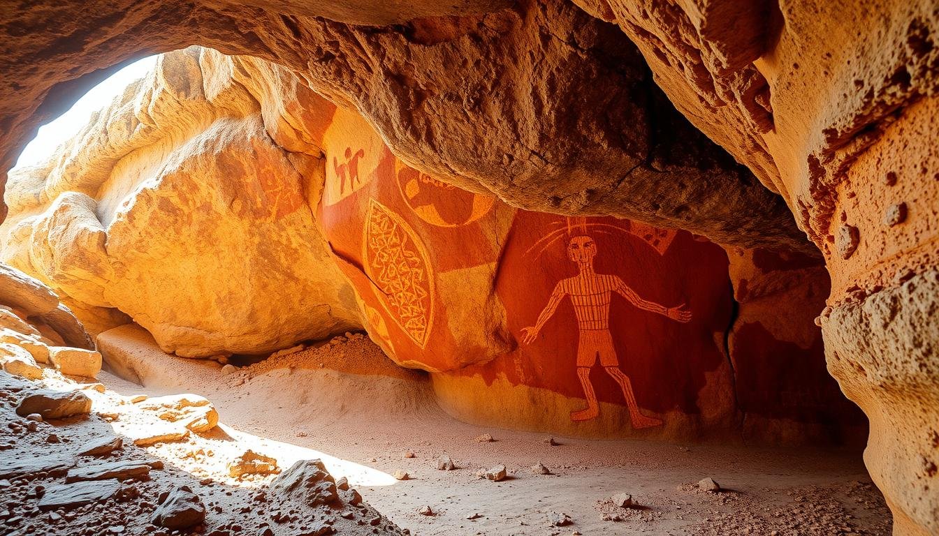 pintura rupestre com tinta brilhante em caverna do Brasil