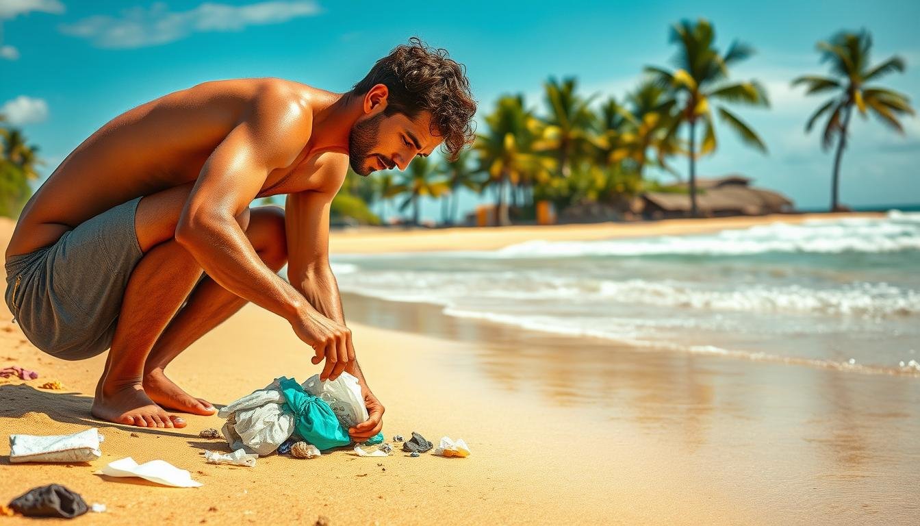 Caio Ibelli segurando sacos de lixo coletados na praia