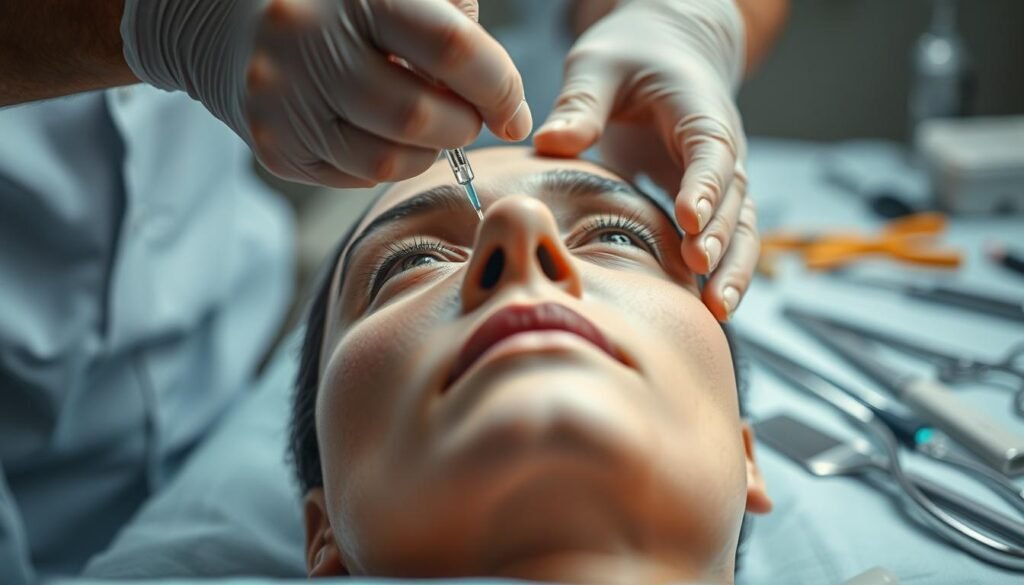 A close-up view of a skilled embalmer carefully preserving the facial features of a deceased individual. The foreground depicts the embalmer's delicate hands meticulously injecting preservative fluids into the eyes, nose, and mouth, ensuring a natural, lifelike appearance. The middle ground shows the embalming table, with various medical instruments and equipment neatly arranged, conveying the professionalism and attention to detail of the process. The background is softly blurred, creating a sense of focus and calm, allowing the viewer to concentrate on the intricate techniques being employed. The lighting is soft and diffused, highlighting the embalmer's skilled movements and the subject's serene expression, evoking a solemn and reverent atmosphere.