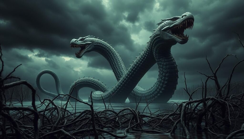 A colossal, hydra-like creature emerges from the murky waters of the Lernean Lagoon, its nine serpentine heads twisting and snarling. Thick, scaly skin glistens in the dim, stormy light as the beast rears up, fangs bared and venom dripping. In the foreground, the tangled roots and reeds of the swamp create a twisted, foreboding atmosphere. The middle ground is dominated by the imposing form of the Hydra, its multiple necks swaying ominously. The background fades into a dark, ominous sky filled with roiling clouds, hinting at the creature's ancient, primordial power. Capture the ferocity, scale, and primal terror of this legendary Greek monster.