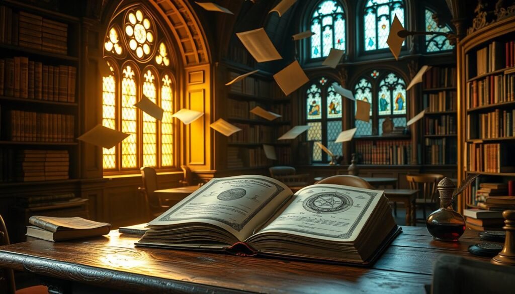 A cozy nook in the Hogwarts library, bathed in warm golden light filtering through stained glass windows. Floating books and scrolls hover in the air, pages flipping as if enchanted. On a weathered wooden table, an open tome displays intricate diagrams and arcane symbols - the visual lexicon of everyday spells like Accio and Alohomora. Quills, inkwells, and other magical accoutrements lend an air of scholarly mysticism. The atmosphere is one of quiet, focused study, inviting the viewer to explore the hidden meanings and origins of these commonplace, yet essential, wizarding incantations.