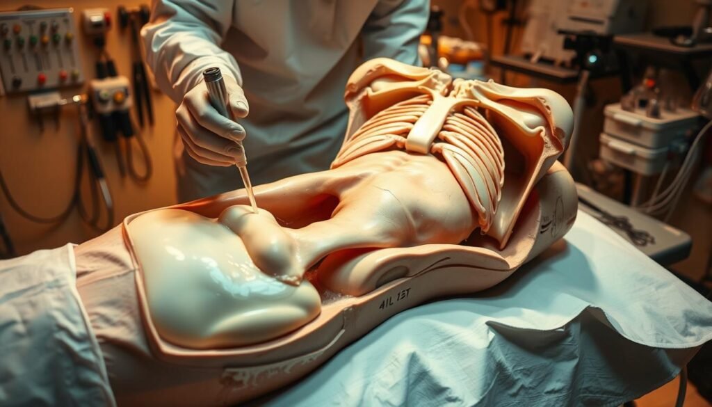 A cross-sectional view of a cadaveric embalming procedure, showcasing the internal treatment of the body cavities. In the foreground, a skilled embalmer carefully aspirates fluids from the abdominal cavity, while in the middle ground, the thoracic cavity is being filled with preservative compounds. The background depicts the various tools and equipment used in this meticulous process, bathed in the soft, warm lighting of the embalming suite. The scene conveys the technical expertise and care required to preserve the deceased, with a solemn and dignified atmosphere.