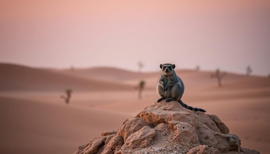 A desert landscape at dusk, with a lone rato-canguru (also known as the fat-tailed dwarf lemur) perched atop a rocky outcrop. The small, rodent-like creature has large eyes, a plump body, and a long, bushy tail that it wraps around itself for warmth. Soft, amber light filters through the hazy atmosphere, casting a serene glow over the scene. The rato-canguru appears content and self-sufficient, highlighting its remarkable ability to thrive in arid environments without the need for regular water consumption. In the distance, the silhouettes of sparse, twisted shrubs dot the undulating terrain, emphasizing the harsh yet beautiful desert setting.