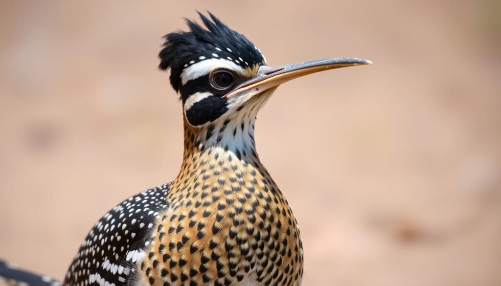 A detailed close-up portrait of a roadrunner (Geococcyx californianus), also known as the "Características físicas do papa-léguas", a large ground-cuckoo with a long, slender tail and distinctive black and white head markings. Captured in natural daylight with a shallow depth of field, the bird's sharp, curved beak, beady eyes, and speckled brown and white plumage are rendered in high definition. The roadrunner's confident, alert pose reflects its nature as a swift, agile predator. The background is softly blurred, placing the focus entirely on the bird's distinctive physical characteristics.