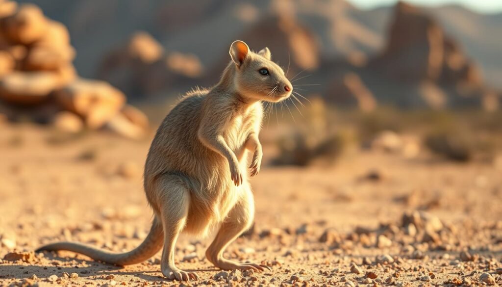 A detailed close-up view of a kangaroo rat, its body covered in soft beige fur, standing on its hind legs in a desert landscape. The animal's long tail and oversized hind legs are clearly visible, capturing its unique adaptations for surviving in arid environments without drinking water. The background features a warm, hazy desert scene with rocky outcroppings and sparse vegetation, bathed in a golden-hour glow. The lighting is natural and directional, emphasizing the textures and forms of the rat-kangaroo. The overall mood is one of scientific curiosity and environmental adaptation.