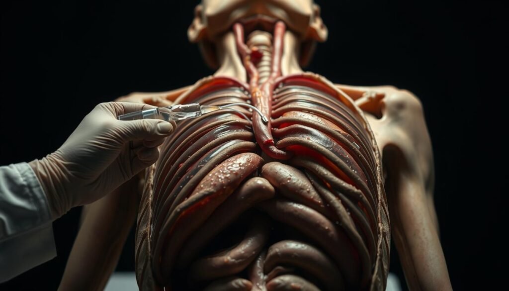A detailed cross-section view of the embalming process, featuring a human torso with the chest cavity exposed. In the foreground, a steady hand expertly inserts a tube into the carotid artery, the arterial embalming fluid visibly flowing through the tube. In the middle ground, the body's internal organs have been carefully removed, revealing the intricate anatomy. The background is dimly lit, creating an atmosphere of clinical precision and solemn reverence. The lighting is soft and even, accentuating the technical details of the procedure. The overall composition conveys the meticulous nature of the embalming techniques.