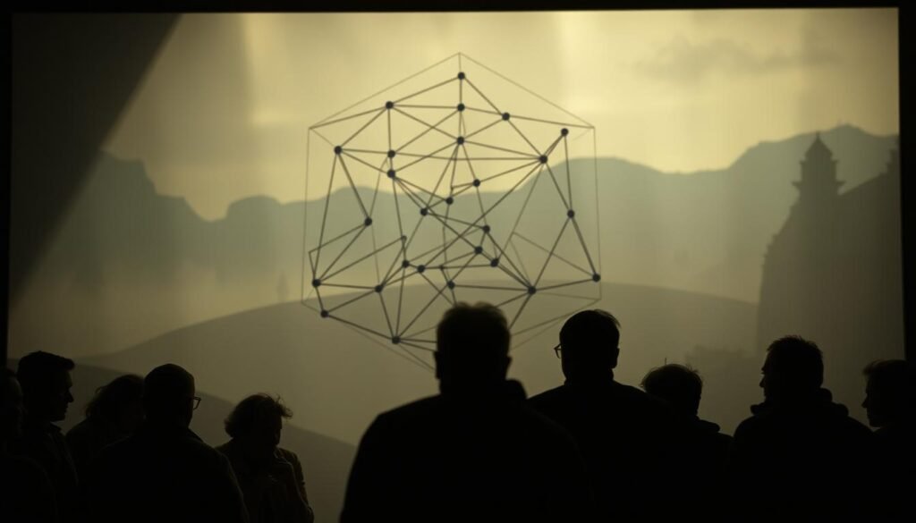 A dimly lit scene depicting a critical analysis of the family constellation therapy. In the foreground, a group of figures engaged in intense discussion, their expressions ranging from skepticism to outright disapproval. The middle ground features a diagrammatic representation of the family constellation, its lines and connections appearing to unravel and collapse. In the background, a hazy, abstract landscape evokes a sense of uncertainty and unease. The lighting is moody and dramatic, casting long shadows and highlighting the tension in the scene. The overall atmosphere conveys a sense of intellectual discourse and the challenges faced by this controversial therapeutic approach.