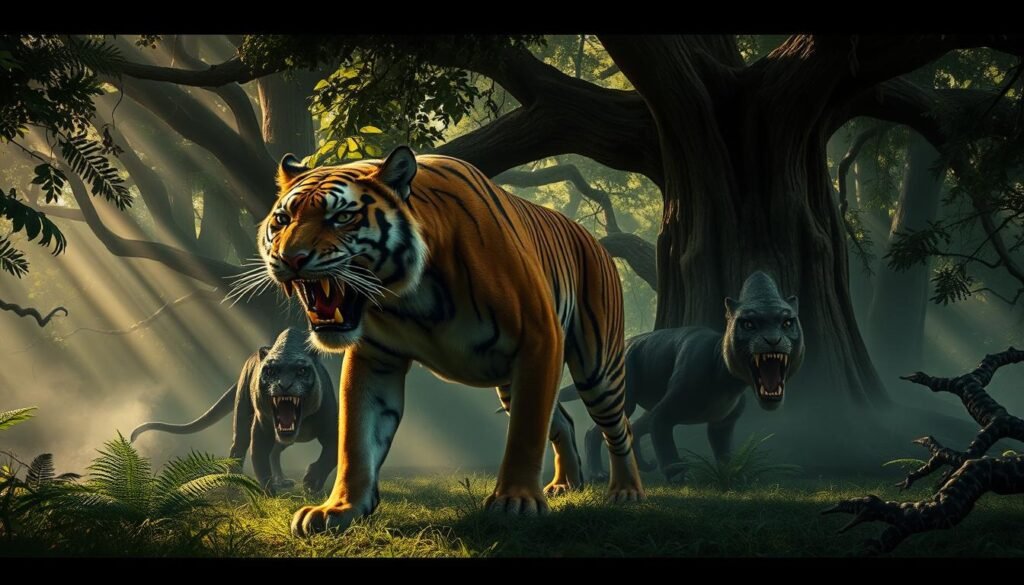 A dramatic, cinematic view of fierce, prehistoric feline predators stalking through a lush, primordial jungle landscape. In the foreground, a massive, saber-toothed tiger stands poised, its powerful jaws agape, muscles rippling beneath its tawny fur. Behind it, other ancient cat species like the Smilodon and Homotherium lurk in the shadows, their eyes gleaming with predatory intent. Dappled sunlight filters through the dense canopy, casting dramatic chiaroscuro lighting across the scene. Mist swirls around the giant trees and ferns, evoking a sense of mystery and the untamed wilderness. The overall atmosphere is one of awe-inspiring, primeval danger.