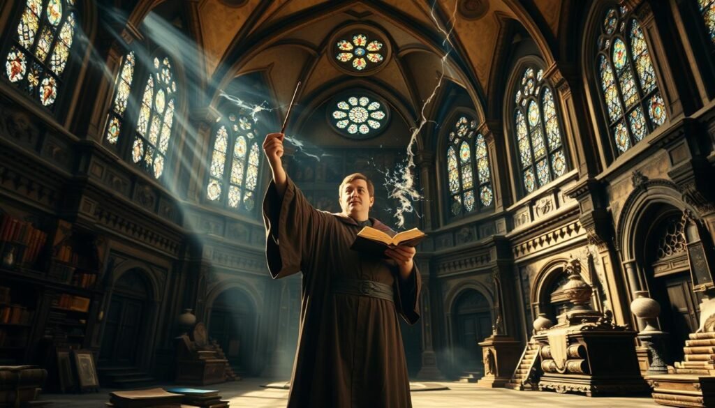 A grand, ornate chamber with towering arched ceilings and intricate stonework. Sunlight streams through stained glass windows, casting a warm, ethereal glow. In the center, a wizard in flowing robes stands with wand raised, performing the Wingardium Leviosa levitation spell. Magical energy crackles around the wand, as a heavy tome floats gracefully into the air, pages fluttering. The wizard's expression is one of focused concentration, their features illuminated by the incandescent display of Latin-derived power. The background is rich with ancient tomes, scrolls, and alchemical equipment, hinting at the deep, mystical roots of this levitation charm.