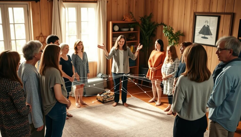 A group of people engaged in a family constellation therapy session, with a facilitator guiding the participants. The scene takes place in a warm, cozy room with soft natural lighting filtering through large windows. The participants stand in a circular formation, connected by an invisible web of emotional bonds, their postures and expressions conveying a sense of introspection and collective exploration. In the center, the facilitator stands, hands outstretched, directing the flow of energy and insights. The overall atmosphere is one of deep contemplation, empathy, and the journey towards personal and familial understanding.