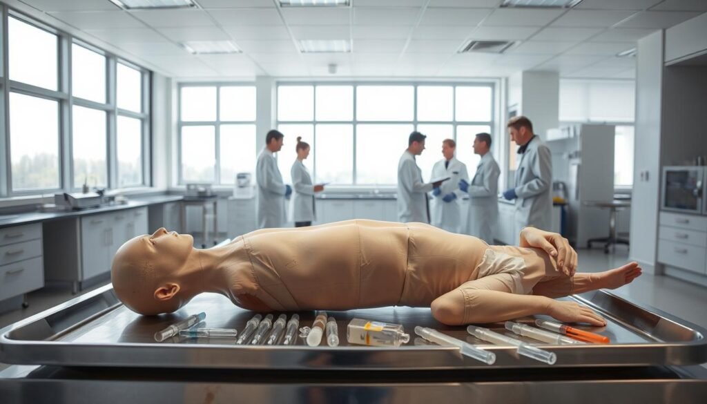A large, well-lit medical laboratory setting. In the foreground, a cadaver lies on a stainless steel autopsy table, its skin meticulously prepared for the embalming process. Surgical tools, syringes, and embalming fluids are neatly organized on a nearby tray. In the middle ground, a team of medical professionals in sterile white coats and gloves carefully examine the body, discussing the intricate techniques of embalming. The background features a bank of windows, allowing natural light to flood the room, creating a clinical yet soothing atmosphere. The overall scene conveys the precision, care, and scientific rigor involved in the delicate art of preserving the human form.