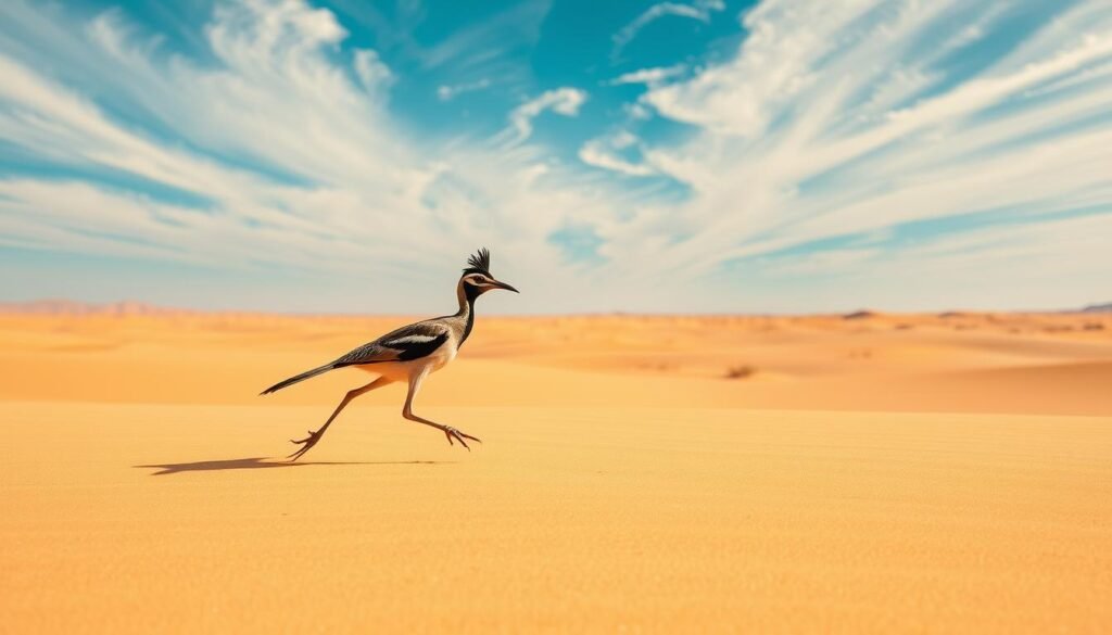 A lone roadrunner (Geococcyx californianus), known as "papa-léguas" in Brazil, strides across a vast, sun-drenched desert landscape. Its long, slender legs propel it swiftly over the rippling sand dunes, its sharp beak and vigilant gaze scanning the horizon for prey. The bird's distinctive black-and-white plumage contrasts starkly against the warm, ochre tones of the arid environment. Overhead, a brilliant azure sky stretches endlessly, with wispy cirrus clouds drifting lazily. A sense of solitude and serenity pervades the scene, capturing the roadrunner's natural habitat in all its stark, rugged beauty.