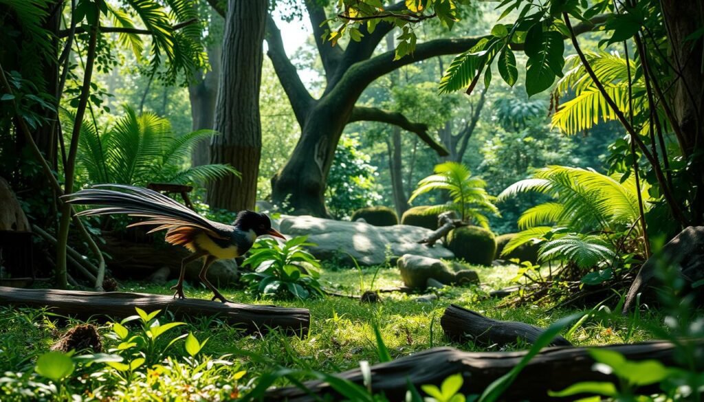 A lush, verdant forest clearing, bathed in soft, diffused sunlight filtering through the canopy. In the foreground, a swift-footed roadrunner, known as the "papa-léguas," forages for its prey, its long tail feathers fanning out gracefully as it darts between fallen logs and lush undergrowth. The bird's striking black and white plumage is highlighted by the dappled lighting, its sharp beak poised to snatch up any insects or small rodents that cross its path. In the middle ground, the dense foliage parts to reveal a glimpse of the bird's natural habitat, a mix of towering trees, ferns, and mossy rocks. The overall scene conveys the agility, cunning, and adaptability of this remarkable creature, the real-life inspiration for the beloved cartoon character.