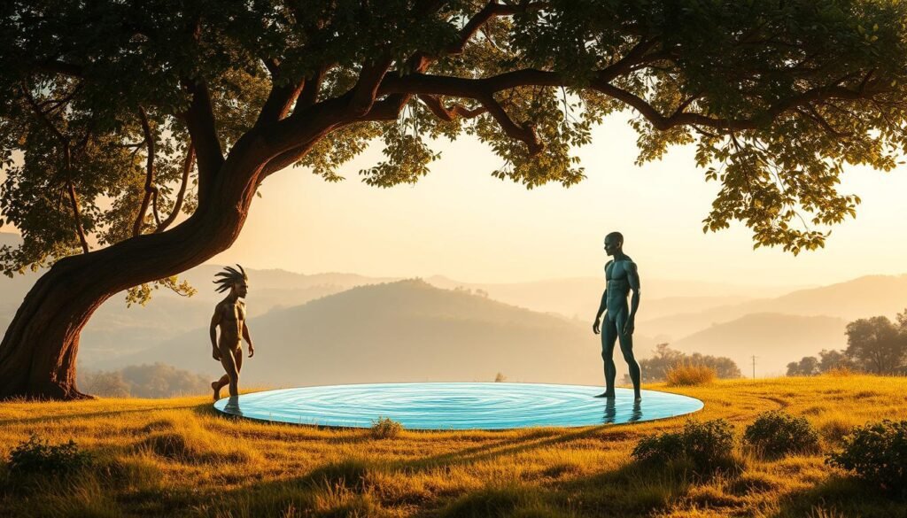 A lush, verdant landscape with a towering, sun-dappled tree in the foreground. Beneath the tree, two distinct figures stand in contrast - one a parched, arid creature, the other a vibrant, hydrated being. The parched figure appears strained, its body language conveying a desperate need, while the hydrated figure stands tall and serene, radiating a sense of self-sufficiency. In the middle ground, a glistening pool of water reflects the sky, a stark visual metaphor for the difference between not drinking and not needing to drink. The background features a hazy, atmospheric horizon, lending a contemplative mood to the scene. Warm, golden lighting bathes the entire composition, emphasizing the themes of sustenance and independence.