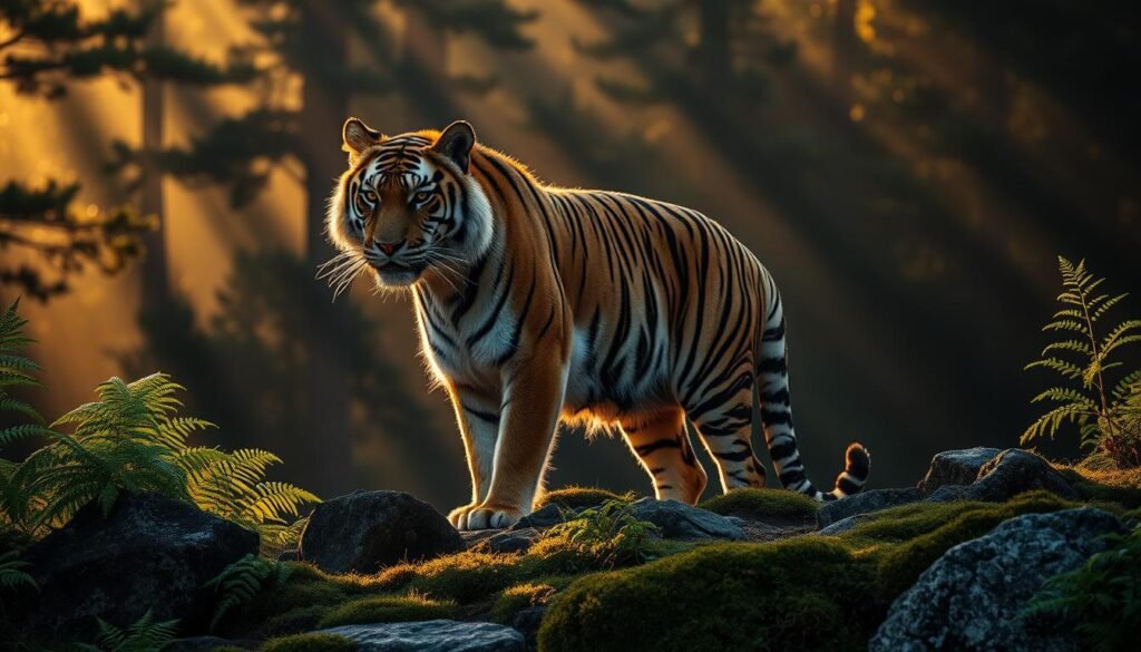 A majestic Siberian tiger, its powerful frame silhouetted against a dramatic landscape. The big cat stands alert, its golden eyes scanning the dense forest behind it. Shafts of warm, golden light filter through the canopy, casting a warm glow on the tiger's thick, striped fur. In the foreground, lush ferns and moss-covered rocks create a sense of depth and natural setting. The scene evokes a sense of awe and reverence for this apex predator, the largest of all living felids.
