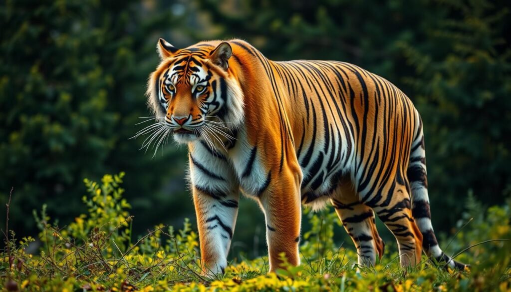 A majestic Siberian tiger, its striped coat gleaming in the soft, warm lighting of a lush, verdant forest. The powerful feline stands tall, its amber eyes scanning the undergrowth with a regal and commanding presence. The thick, muscular body is accentuated by the distinctive white markings around the face and belly, a striking contrast to the rich, orange-tinted fur. In the background, towering evergreen trees and lush foliage create a serene, natural setting, hinting at the tiger's native habitat in the Russian wilderness. The image captures the sheer size and grandeur of this apex predator, showcasing the differences between the Siberian tiger and its Bengal counterpart.
