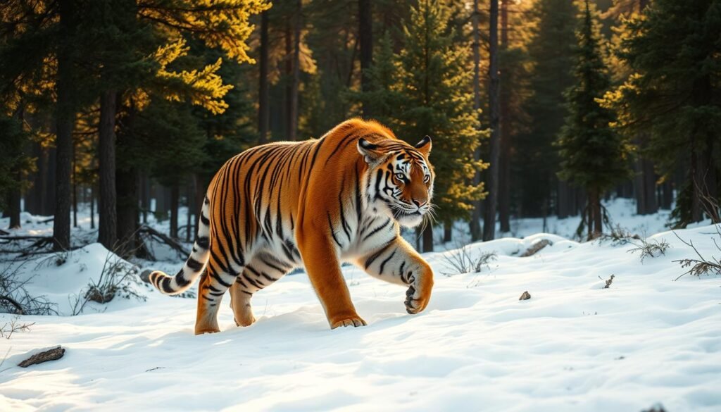 A majestic Siberian tiger prowling through its natural habitat, a dense boreal forest blanketed in a pristine snow-covered landscape. Towering pines and firs create a canopy of verdant greens and deep shadows, filtering warm rays of golden sunlight that cast a soft, ethereal glow. The tiger's powerful muscles ripple beneath its thick, tawny fur as it stealthily navigates the rugged terrain, alert for any signs of prey. The scene evokes a sense of untamed wilderness, where this apex predator reigns supreme in its domain, a true embodiment of the grandeur and untamed majesty of the natural world.