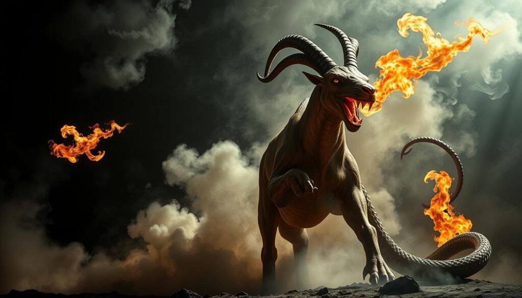 A majestic, fantastical creature with the head of a lion, the body of a goat, and the tail of a serpent stands in the foreground. Its fiery breath billows from its gaping maw, illuminating its fierce, predatory gaze. The Chimera's mismatched features create an unsettling, otherworldly presence, radiating an aura of ancient, primordial power. Swirling clouds of mist and smoke envelop the scene, lending an air of mystery and the supernatural. Dramatic, high-contrast lighting casts dramatic shadows, heightening the sense of drama and menace. The overall composition conveys the Chimera's status as a legendary, feared monster of Greek mythology.