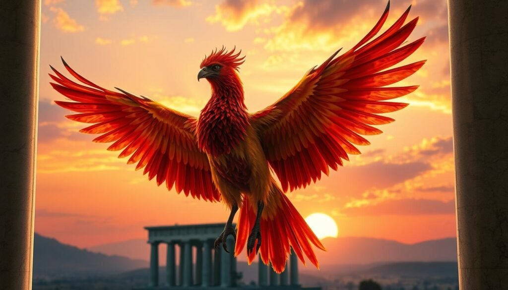 A majestic phoenix, its vibrant plumage ablaze with crimson and gold, gracefully unfurls its wings against a backdrop of a serene Greek landscape. The mythical bird hovers above a temple, its ethereal presence casting a warm, otherworldly glow across the scene. The phoenix's piercing gaze conveys a sense of ancient wisdom and power, as if it has witnessed the rise and fall of civilizations. In the distance, a glowing sunset paints the sky with hues of orange and purple, adding to the air of mysticism and timelessness. The composition is framed by towering marble columns, hinting at the phoenix's deep-rooted connection to the Grecian pantheon and its enduring legacy.