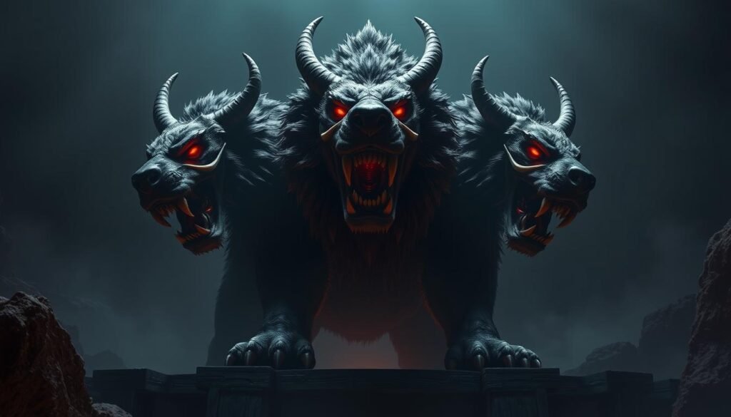 A massive, three-headed canine with colossal jaws and fiery eyes, the legendary Cerberus guards the gates of the Greek underworld. Its enormous body, covered in thick, dark fur, exudes a sense of primal power and unrelenting ferocity. The central head snarls menacingly, while the two flanking heads remain alert, their gaze piercing the gloom of the shadowy realm. Towering over the entrance to the afterlife, this fearsome hellhound stands as an imposing, supernatural barrier, deterring the living from venturing into the domain of the dead. Dramatic low-angle lighting casts dramatic shadows, emphasizing the creature's formidable presence and the foreboding atmosphere of the underworld.