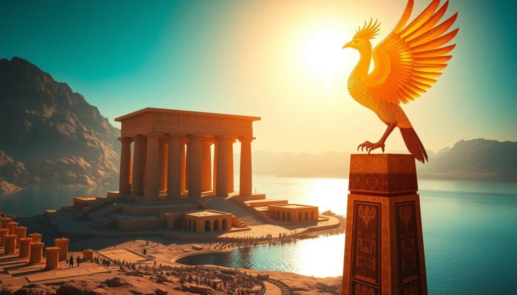 A meticulously detailed scene depicting the ancient Egyptian origin of the mythical Phoenix bird, the Benu. In the foreground, the majestic Benu perches atop a towering obelisk, its radiant golden plumage gleaming in the warm, golden light of the midday sun. In the middle ground, the grand temple of Ra, god of the sun, stands tall, its imposing columns and intricate hieroglyphic carvings evoking the reverence of this sacred cult. The background reveals the sprawling Nile River, its tranquil waters reflecting the clear azure sky above, symbolizing the cyclical nature of life and renewal embodied by the Benu. Cinematic, dramatic lighting casts dramatic shadows, heightening the sense of ancient mysticism and the veneration of this avian deity.