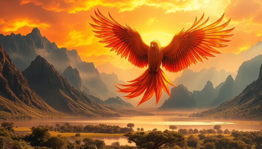 A mythical phoenix rising from the ashes, its magnificent wings outstretched against a vibrant, fiery backdrop. The bird's plumage shimmers with hues of gold, crimson, and orange, capturing the essence of its mystical origins. In the foreground, a lush, ancient landscape unfolds, with towering mountains and a tranquil lake reflecting the phoenix's majestic form. Soft, warm lighting bathes the scene, creating a sense of timeless wonder and ethereal beauty. The composition evokes a sense of the phoenix's timeless symbolism, its rebirth and rejuvenation, as it takes flight from the ashes of the past.