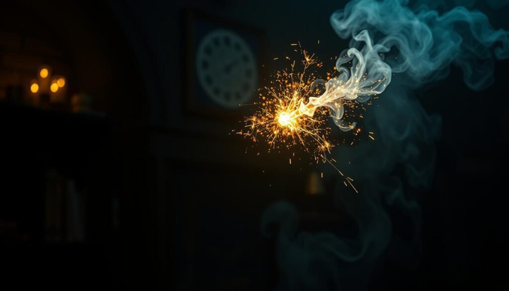 A powerful magical spell glowing with ethereal energy, Expelliarmus hovers in the air, its intricate wand movements and golden sparks emanating from a wisp of mist. The scene is bathed in a soft, ambient light, casting dramatic shadows that accentuate the spell's mystical nature. The background is a dimly lit, mysterious environment, hinting at the magical world of Harry Potter. The overall composition is balanced and visually striking, capturing the essence of this iconic spell and its importance within the wizarding universe.