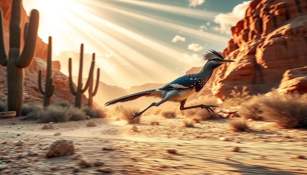 A speeding roadrunner darts across a desert landscape, its long legs a blur as it effortlessly navigates the rocky terrain. The bird's sleek, aerodynamic body is covered in a coat of vibrant blue and white feathers, its sharp beak open in a silent cry as it zips past towering cacti and dusty red cliffs. Streaks of golden sunlight filter through wispy clouds, casting dramatic shadows that accentuate the roadrunner's impressive speed and agility. The scene conveys a sense of boundless energy and the raw power of nature, hinting at the incredible pace this avian wonder is capable of achieving.