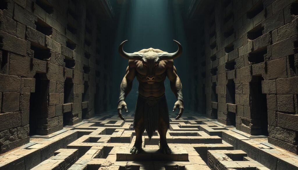 A towering, muscular figure stands at the center of a vast, labyrinthine structure, its bovine head and torso casting a menacing shadow over the maze-like corridors. The Minotaur, half-man, half-beast, is trapped within this ancient, cyclopean edifice, a prisoner of its endless, winding passages. Harsh, dramatic lighting casts deep shadows, evoking a sense of unease and foreboding. The creature's bestial features are rendered in vivid detail, its eyes burning with a primal, predatory intensity. The scene conveys the Minotaur's savage power and the inescapable nature of its confinement, a testament to the Greek mythos' enduring legacy of monstrous, mythical beings.