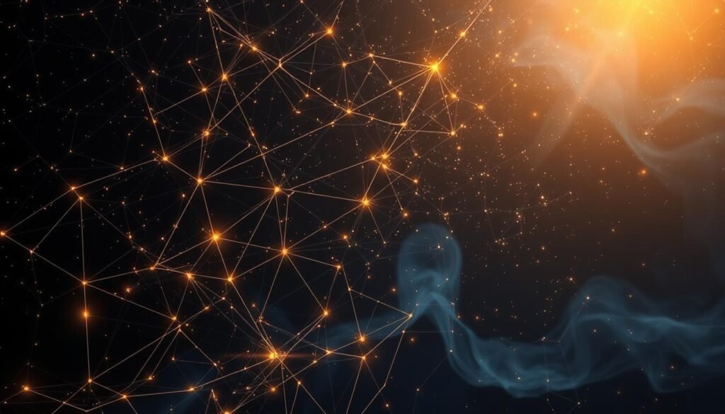 A vast, ethereal constellation of intertwined lines and shapes, glowing softly against a dark, celestial backdrop. In the foreground, a mesmerizing web of interconnected points of light, representing the intricate ties and complex dynamics within a family system. The middle ground features flashes of warm, golden illumination, hinting at the profound influence and teachings of Bert Hellinger, the pioneering figure behind this therapeutic approach. In the distant background, a swirling, ethereal mist of blues and purples, suggesting the mysterious and often invisible forces that shape our family histories and personal experiences. The overall atmosphere is one of contemplation, wonder, and a sense of the unseen forces that govern our lives.