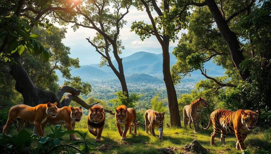A vast, lush jungle canopy, sunlight filtering through the verdant leaves. In the foreground, a pride of majestic wild cats - lions, tigers, jaguars, and leopards - prowling, stalking their prey with powerful grace. Their muscular bodies coiled, eyes focused, ready to pounce. In the middle ground, the towering trunks of ancient trees provide a natural backdrop, while the background showcases a sweeping vista of rolling hills and distant mountains. The scene exudes a sense of primal energy, the apex predators in their natural habitat, their ecological role as keystone species on full display.