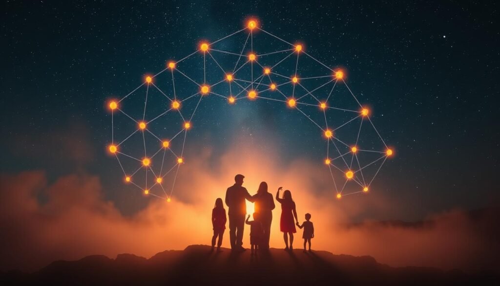 A vibrant constellation of interconnected figures, illuminated by a warm, ethereal glow. In the foreground, a central family group stands united, their bodies forming a harmonious, triangular composition. Surrounding them, smaller satellite figures orbit, representing the wider family system, each with their own distinct silhouettes and postures. The middle ground is filled with a hazy, atmospheric mist, suggesting the unseen emotional and psychological bonds that tie the family together. In the background, a starry night sky serves as a metaphorical backdrop, hinting at the universal, cosmic principles underlying the family constellation approach. Soft, diffused lighting casts gentle shadows, creating a sense of depth and dimensionality. The overall mood is one of introspection, unity, and the interconnectedness of the family unit.