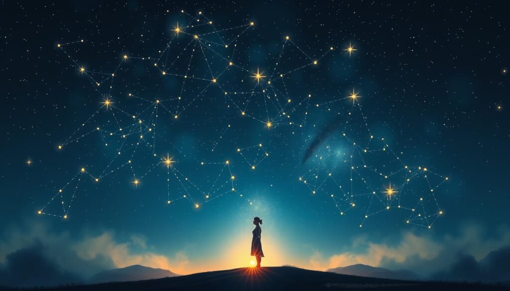 An awe-inspiring constellation of family blessings, illuminating the path to personal transformation. A serene night sky, dotted with shimmering stars, each one a symbol of the profound changes unlocked through the power of family constellations. In the foreground, an elegant, abstract figure takes shape, its form reflecting the interconnectedness and healing that emerges from this therapeutic practice. Soft, ambient lighting casts a warm, ethereal glow, inviting the viewer to meditate on the profound impact of these transformative experiences. Rendered with a painterly, impressionistic style, this image captures the essence of "Casos de sucesso e relatos de transformação" - a celebration of the life-altering benefits of family constellations.