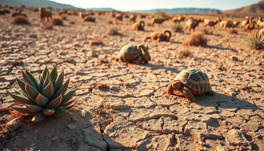 Animals adapted to dry environments, featuring a barren desert landscape with sparse vegetation. In the foreground, a hardy succulent plant clings to the cracked soil, its thick leaves conserving precious moisture. In the middle ground, a desert tortoise cautiously emerges from its burrow, its domed shell and webbed feet specially adapted to navigate the sandy terrain. Farther back, a herd of Bighorn sheep graze on the sparse shrubs, their curved horns and sure-footed gait allowing them to thrive in this arid climate. The scene is bathed in warm, golden light, casting long shadows and conveying the harsh, unforgiving nature of the desert environment. The overall atmosphere is one of resilience and adaptation in the face of scarcity.