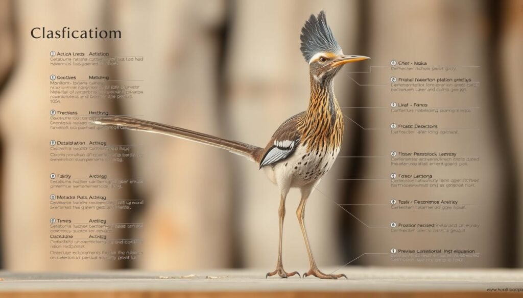 Detailed taxonomic classification of the roadrunner (Geococcyx californianus), also known as the "papa-léguas". A lifelike illustration showcasing the bird's distinctive features in a clean, scientific layout. Neutral lighting from the side illuminates the bird's plumage, with a subtle depth of field blurring the background. The roadrunner is presented in a frontal view, with its long tail, hooked beak, and alert posture clearly visible. The image should convey a sense of naturalistic accuracy and educational purpose, suitable for use in a informative article about this unique species.