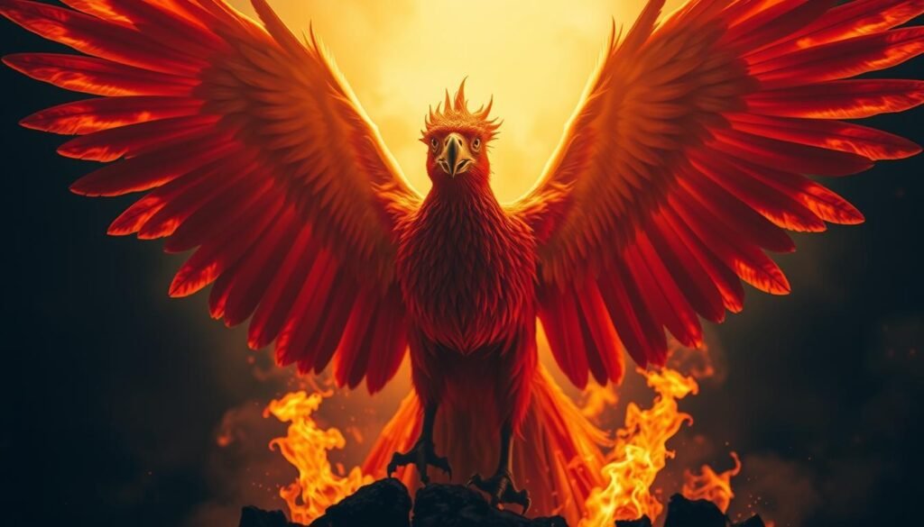 Dramatic phoenix rising from the ashes, its magnificent wings unfurling amidst a fiery, golden glow. Vivid plumage in shades of scarlet, orange, and amber, capturing the essence of rebirth and renewal. Lens focused on the mythical bird's intense, piercing gaze, as it emerges from a swirling vortex of flames. Dramatic backlighting illuminates the phoenix's graceful form, casting dynamic shadows that accentuate its powerful, mystical presence. Atmospheric, moody tones evoke a sense of ancient, timeless wonder, as the mythical creature symbolizes the cycle of life, death, and resurrection.