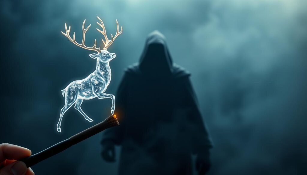 Expecto Patronum: a glowing, ethereal stag emerges from the tip of a wizard's wand, its majestic form shimmering with a silvery luminescence. The stag's antlers reach skyward, casting a warm, protective aura over the foreground. In the middle ground, a dark, ominous presence looms, while the background is shrouded in a hazy, atmospheric mist, lending a sense of mysticism and magic to the scene. Soft, directional lighting bathes the subject in a warm, magical glow, heightening the sense of wonder and enchantment. The overall composition evokes a powerful, defensive charm, imbued with the wizard's deep-rooted emotions and the ancient magic of the Wizarding World.